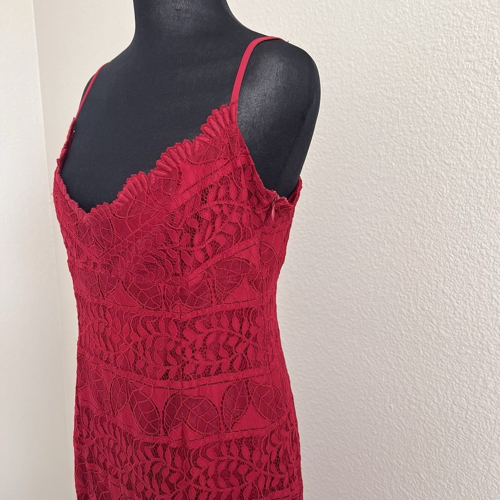 Medium Red Lace Midi Dress Bodycon Spaghetti Strap Cocktail Party Dress Romantic - Picture 8 of 11